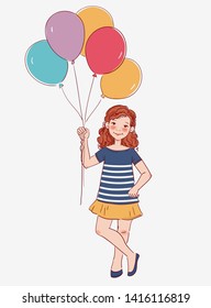 Cute girl with pink balloon. Happy birthday vector illustration