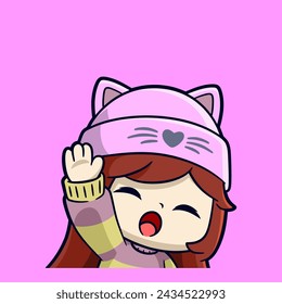 cute girl with pink beanie waving hand hello emotes cartoon vector