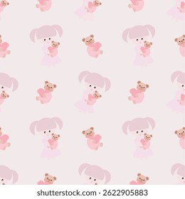 Cute girl and pink bear pattern for pajamas and background.