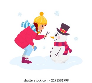 Cute girl in pink down jacket building a snowman. Dressed in top hat and colorful scarf snowman is waiting for his hand. Winter outdoor activity with snow for kids. Flat design vector illustration