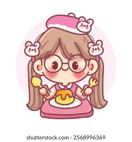 Cute Girl in a pink dress is eating pudding character cartoon Vector Illustration