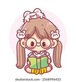 Cute Girl in a pink dress is reading a book with a cat character cartoon Vector Illustration