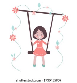 Cute girl in a pink dress swinging on a swing in the garden. Blooming garden, flowers. Children's style. Trend flat. Pleasant colors pink, green, brown. Pastel. Isolated object on a white background.
