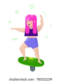 cute girl with pink hair balancing on the balance board vector illustration