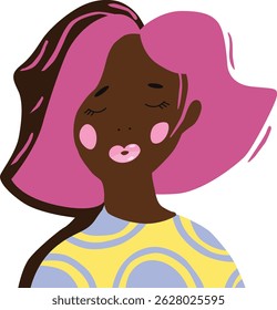 Cute girl with pink hair and closed eyes hums her favorite melody