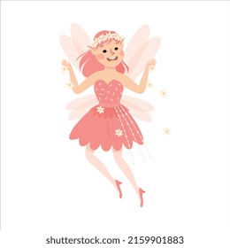 Cute Girl with Pink Hair Flying with Wings Vector Illustration