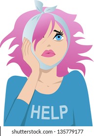 Cute girl with pink hair holding on her cheek, having toothache, vector illustration.