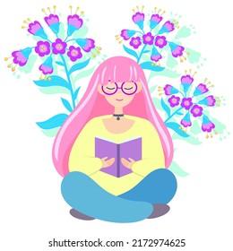 Cute girl with pink hair reads a book. Flat cartoon style isolated on white background. Vector illustration