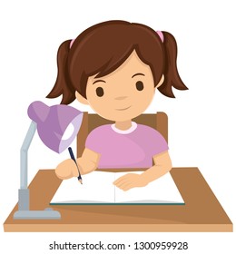 Cute girl in pink make homework  on the desk at night