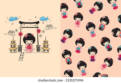 cute girl pink with pattern vector set