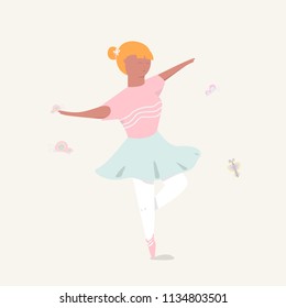 Cute girl in pink shirt and blue skirt, ballerina dancing. Cartoon and Illustration vector