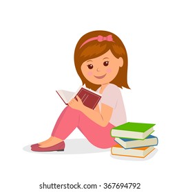 Cute girl in pink is sitting and reading a book. Concept design back to school in a flat style.