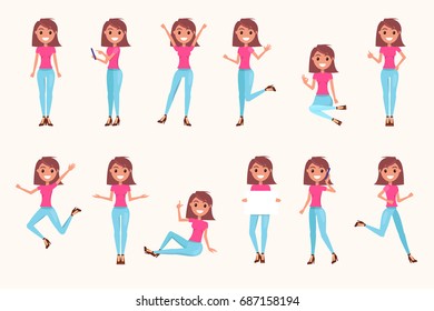 Cute girl in pink T-shirt, blue jeans and stiletto shoes stands or sits in various positions isolated vector illustrations set on white background.