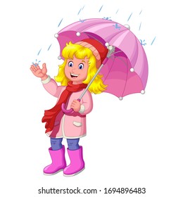 Cute Girl With Pink Umbrella in Rainy Day Cartoon