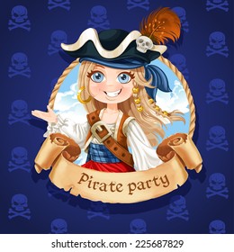 Cute girl pirate. Banner for Pirate party