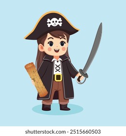 Linda chica pirata con espada y mapa. Personaje de dibujos animados en estilo plano. Ilustración vectorial