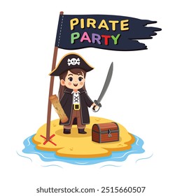 Menina pirata bonito com espada e mapa na ilha com peito e bandeira. Personagem de desenho animado em estilo plano sobre fundo branco. Ilustração vetorial