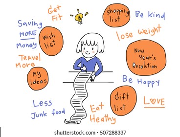Cute girl planning her future and writing down her list and ideas. New year' s resolution. Gift list. Shopping list. Words regarding wish list included. Vector Illustration.