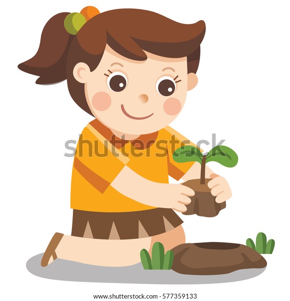 Cute Girl Plant Sapling Tree Stock Vector (Royalty Free) 577359133