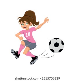 Cute girl play football, field team game. child shows sports tricks. Girl soccer player in uniform training. Flat vector illustration isolated on white background.