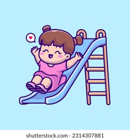 Cute Girl Play Sliding Cartoon Vector Icon Illustration. People Holiday Icon Concept Isolated Premium Vector. Flat Cartoon Style