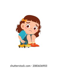 Cute Girl Play Toy Car Alone And Feel Sad