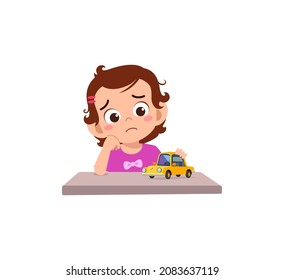 cute girl play toy car alone and feel sad