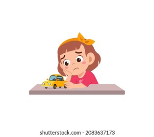 cute girl play toy car alone and feel sad