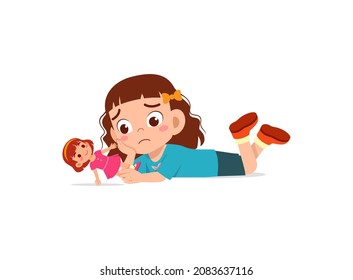 cute girl play toy doll alone and feel sad