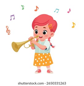bonitinho menina tocar trompete desenho animado vetor ilustração