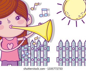 cute girl play trumpet with sun