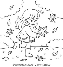 Cute girl is playing with autumn leaves outline coloring page. Thanksgiving hand drawn colouring 