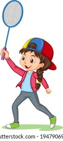 Cute girl playing badminton cartoon character isolated illustration