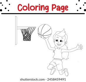 cute girl playing basketball coloring book page for kids and adults