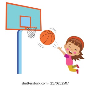 Cute Girl Playing Basketball. Throwing a Basketball