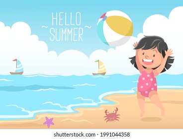 cute girl playing beach ball hello summer