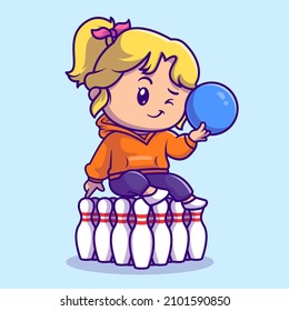 Cute Girl Playing Bowling Cartoon Vector Icon Illustration. People Sport Icon Concept Isolated Premium Vector. Flat Cartoon Style