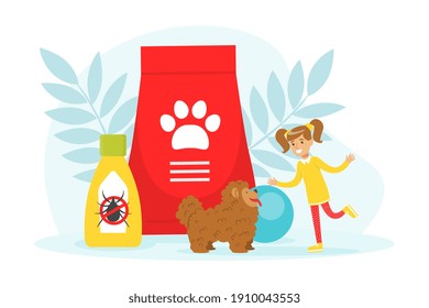 Cute Girl Playing and Caring of Her Pet Dog Cartoon Vector Illustration