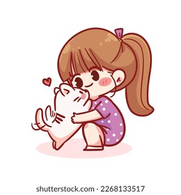 Cute girl playing with cat cartoon character hand draw art illustration