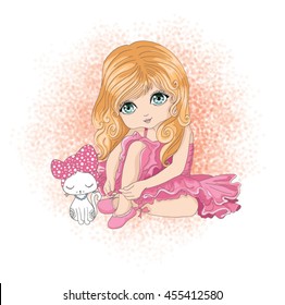 Cute girl playing with cat vector design.