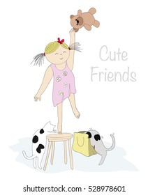 cute girl playing with cats illustration for print