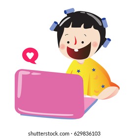 Cute girl is playing computer,chatting.Vector illustration
