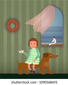 Cute girl is playing  with dog in the living room with views of the sea from open window and fluttering curtain , vector illustration.