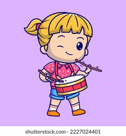 Cute Girl Playing Drum with Stick Cartoon Vector Icon Illustration. People Music Icon Concept Isolated Premium Vector. Flat Cartoon Style
