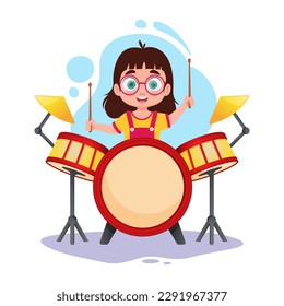 Cute girl playing drums, child playing a musical instrument