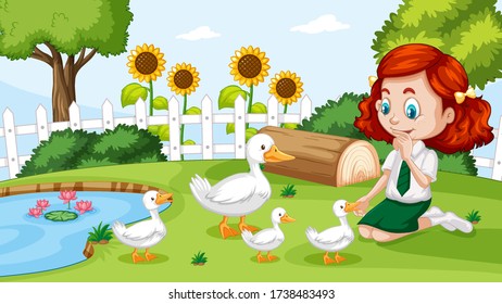 Cute girl playing with duck illustration