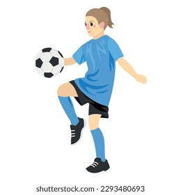 Cute girl playing European football on white background