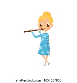 Cute girl playing flute, little musician character with musical instrument cartoon vector Illustration on a white background