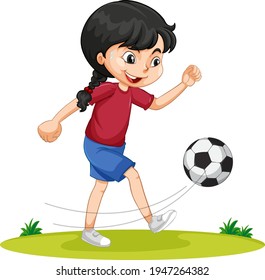Cute girl playing football cartoon character isolated illustration
