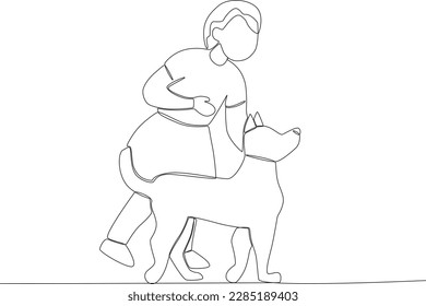 A cute girl playing in the garden with her dog. Park activities one-line drawing